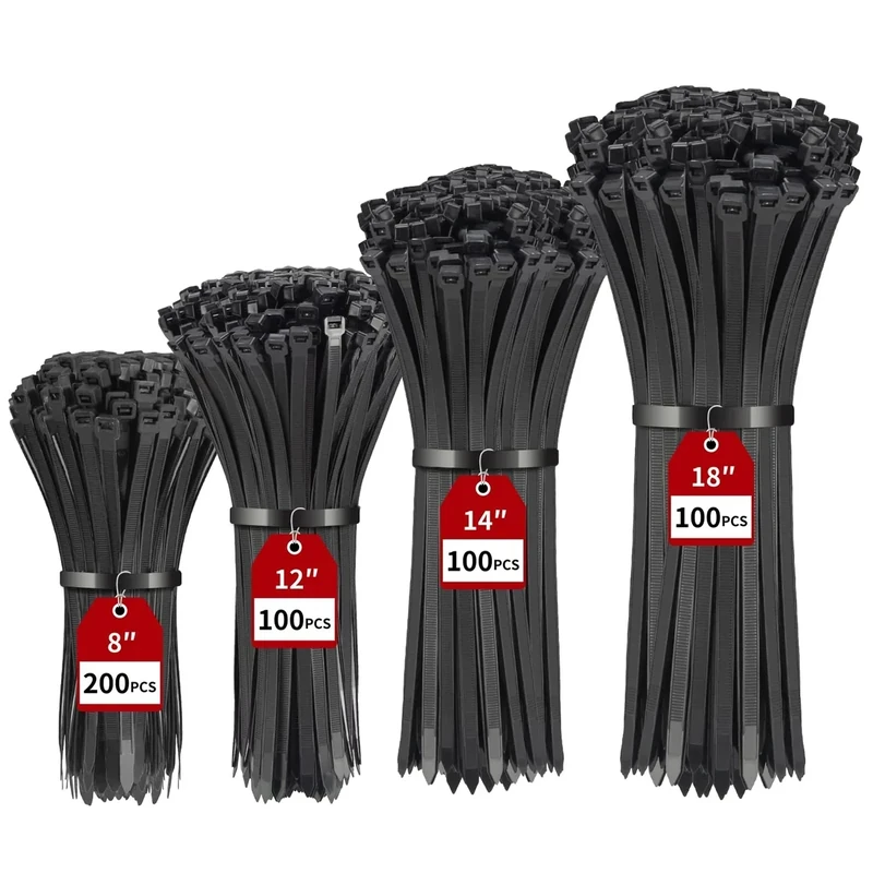 BethTie 500 Pack Black Zip Ties Heavy Duty Assorted Sizes, 8+12+14+18 Inch Cable Ties, 220lbs Ultra Strong Tensile Strength, Industrial Plastic Ties Wrap Assortment Cord Management for Outdoor Use