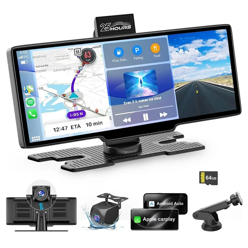 HK3 Carplay Screen for Car, 10.26’’ Wireless Apple Car Play & Android Auto Touch Screen, 4K Dash Cam, 1080P Backup Camera, Car Stereo, GPS Navigation/Mirror Link/Bluetooth/Voice Control, Plug and Play