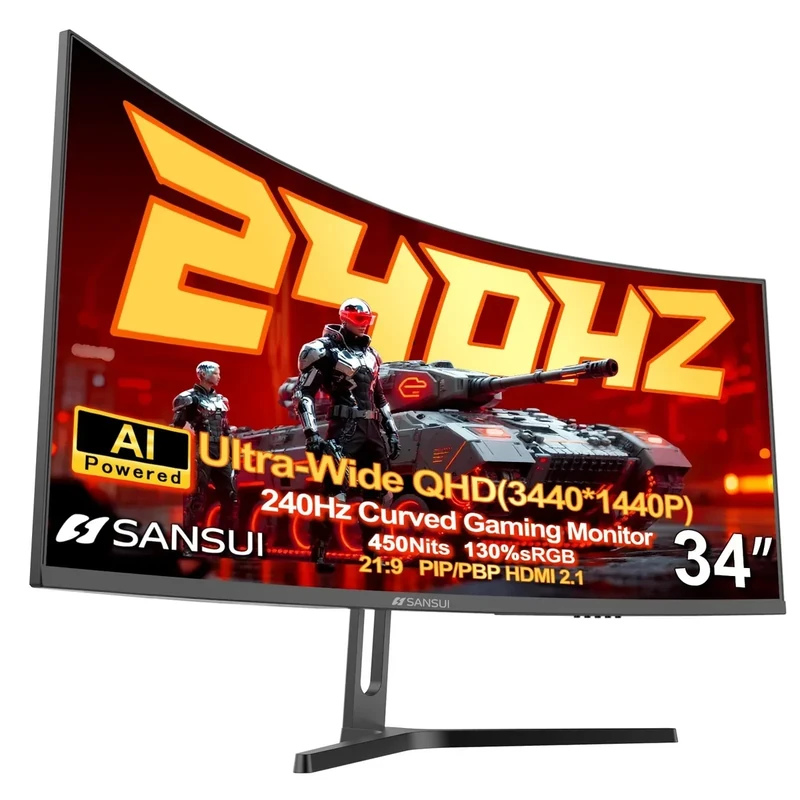 SANSUI 34 Inch 240Hz UWQHD Curved Monitor - HDR400, AI Crosshair