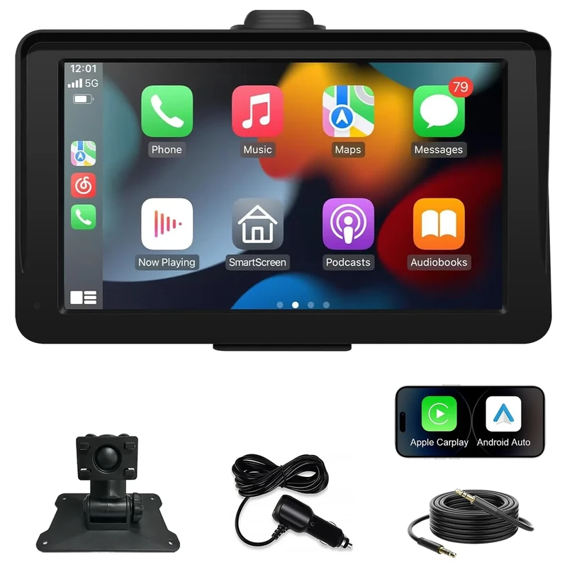 Portable Apple Carplay Screen for Car, 7 Inch Wireless Carplay & Android Auto, Touch Screen Car Radio with Bluetooth Hands-Free/Mirror Link/Maps Navigation/Voice Control/AUX for All Vehicles