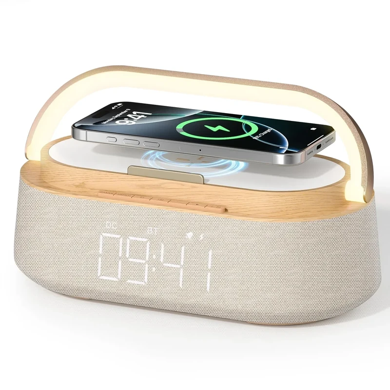 FREEFISH Wireless Bluetooth Speaker with Wireless Charger FM Radio Dual Stereo Sound LED Night Light 2500mAh Battery Portable Speaker Home Decor Gift for Bedroom Office Wooden
