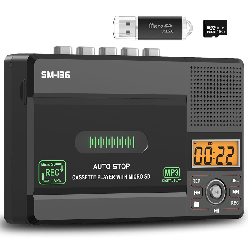 SEMIER Small Cassette Player - USB-C/SD MP3 Converter with 16GB Card