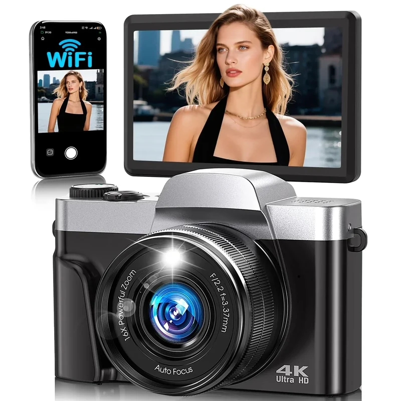 4K Digital Camera for Photography with WiFi,64MP Autofocus Vlogging Camera for YouTube,3'' 180° Flip Screen Compact Travel Camera for Teens with 32GB SD Card,16X Zoom,Anti-Shake,2 Batteries(Charcoal)