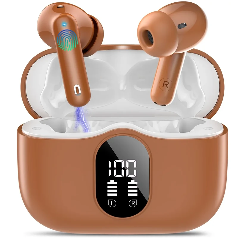 Btootos Earbuds Bluetooth 5.4, Noise Cancelling, IP7, 36h LED - Brown