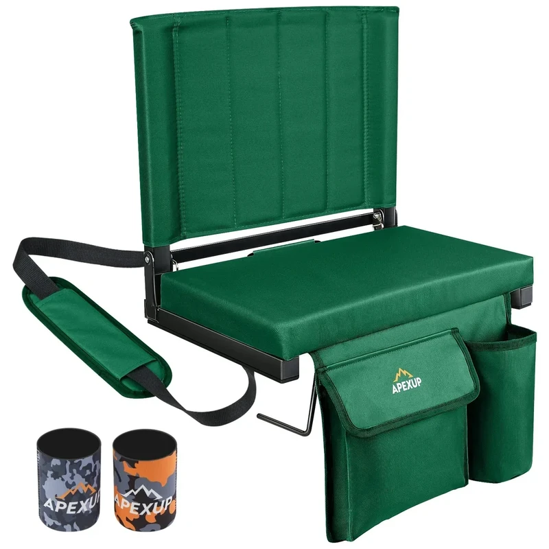 APEXUP Stadium Seats with Back Support, Portable Bleacher Seat with Large Pocket and Cup Holder, Wide Stadium Chair for Sports Events and Concerts (Dark Green)