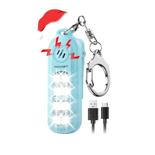 TECKNET Personal Safety Alarm 135dB with SOS Strobe Light for Women - Rechargeable& IPX4 Waterproof Running Lights with Clip On Torch & Low Battery Notice, Safety Siren for Running, Travel Kids, Blue