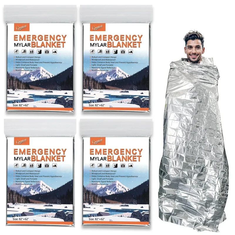 CPOMIENI 4 Pack -Large 82” x 62” Survival Emergency Mylar Thermal Blankets, Thermal Survival Blanket Perfect for Camping, Hiking, Body Insulation, Outdoors, Car Survival Kit, Bug Out Bag
