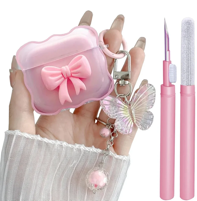 Compatible with AirPods 4 Clear Case Pink, 3D Bow Pattern Desiged iPods 4 Cases with Cute Butterfly Keychain, Soft TPU Protective Shockproof Case and Cleanner Kit for Airpod 4 for Girls Women Pink