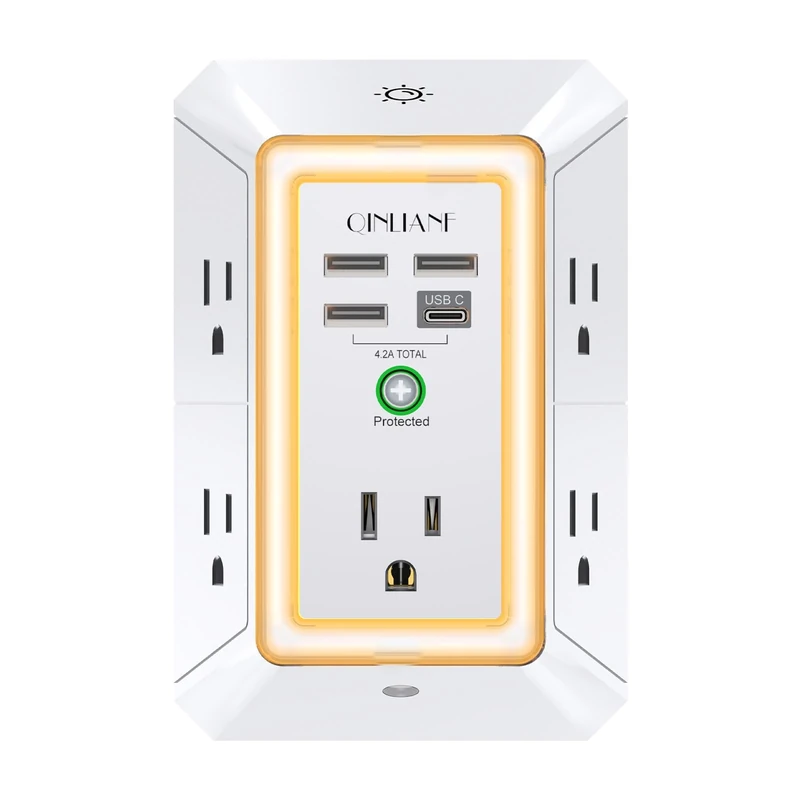 QINLIANF 3-Sided Outlet Extender Night Light - 5 Outlets, 4 USB, ETL