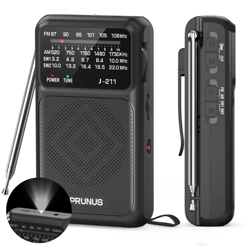 PRUNUS J-211 Portable Radio AM FM with USB C Charging and AA Battery Operated, Transistor Radio, Strong Reception& Clear Speaker, Headphone Jack, Back Clip, Lanyard, Small Radios Portable AM FM