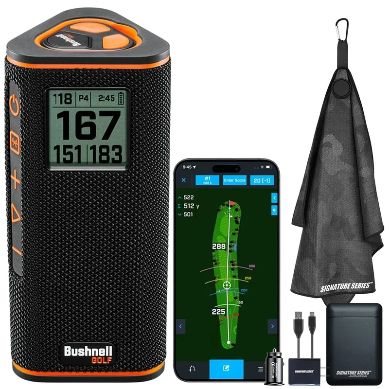 Bushnell Golf Wingman View GPS Speaker | LCD Screen, Magnetic Mount, Music & Audible Distances for 36,000+ Courses, Wireless Remote, 36-Hole Battery, Hazard Info, Signature Series Power Bundle