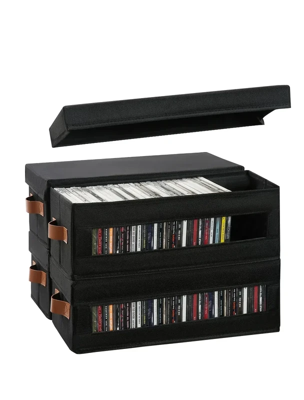 Coorganisers 4 Packs CD Storage Box with Visible Window, Stackable CD Case Holder with Dustproof Lid and Handles, Holds Up to 148 CDs in Full Jewel Cases-15.75 x 6.10 x 5.31 Inches-Black