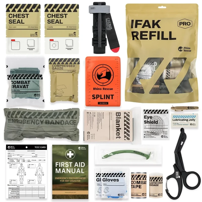 RHINO RESCUE IFAK Refill Kit 17Pcs with CAT Gen-7 Tourniquet, Emergency Tactical First Aid Kit Medical Supplies, IFAK Trauma Kit Combat Pack for Trauma Wound Care, Gunshot, Car & Camping