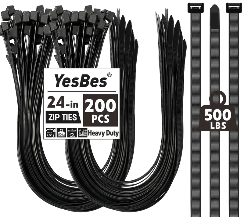 200 PCS Zip Ties 24 Inch Heavy Duty, Large Cable Ties 500lbs Tensile Strength, Black Zip Ties for Indoor and Outdoor Use, UV Resistant Wire Ties
