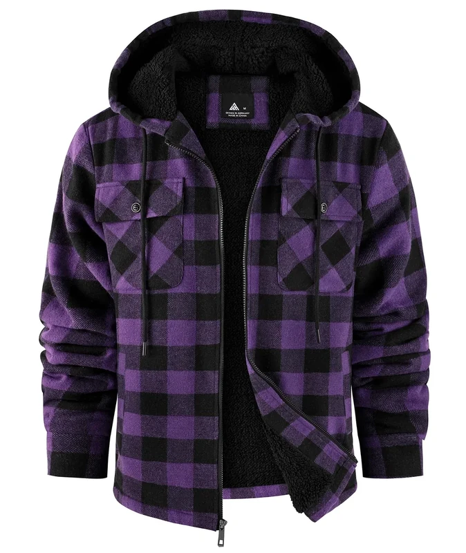 SCODI Men's Flannel Jacket Sherpa Lined Hoodies Zip Up Fleece Plaid Shirt Jackets Winter Outdoor Coat Warm Outwear Purple XL