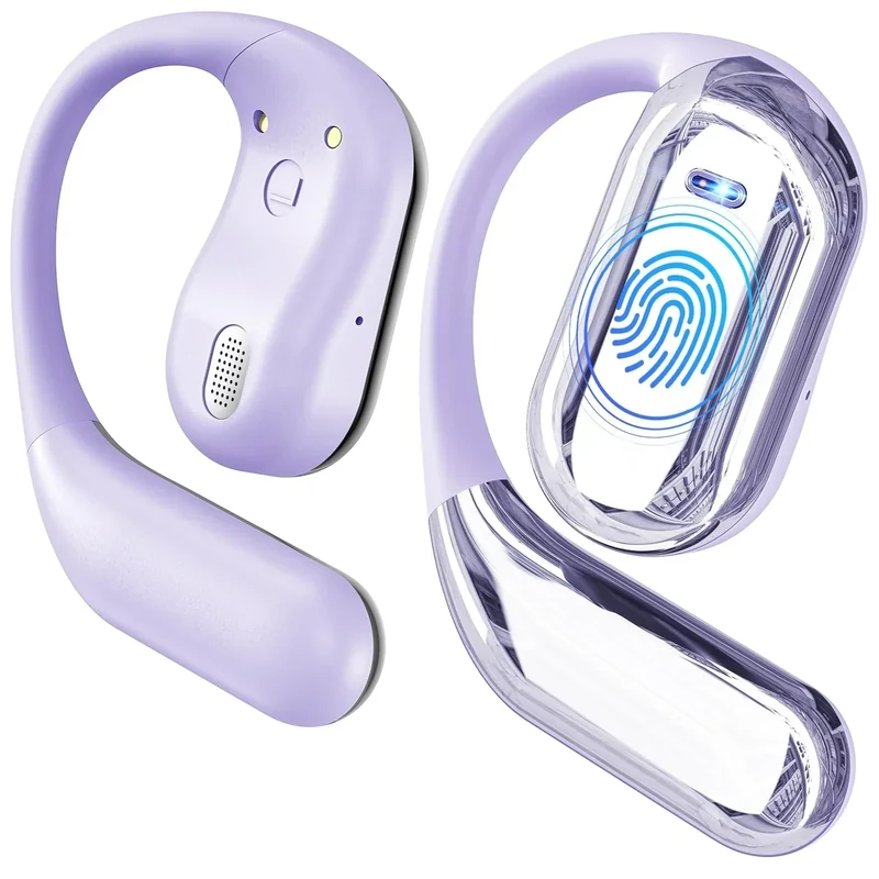 EUQQ Open Ear Bluetooth 5.4 Earbuds, Sport Over Earphones Wireless Headphones Built-in Mic with Ear Buds LED Display, Touch Control, IPX7 Waterproof Hook Design 50Hrs Playtime for Sports, Light Purple