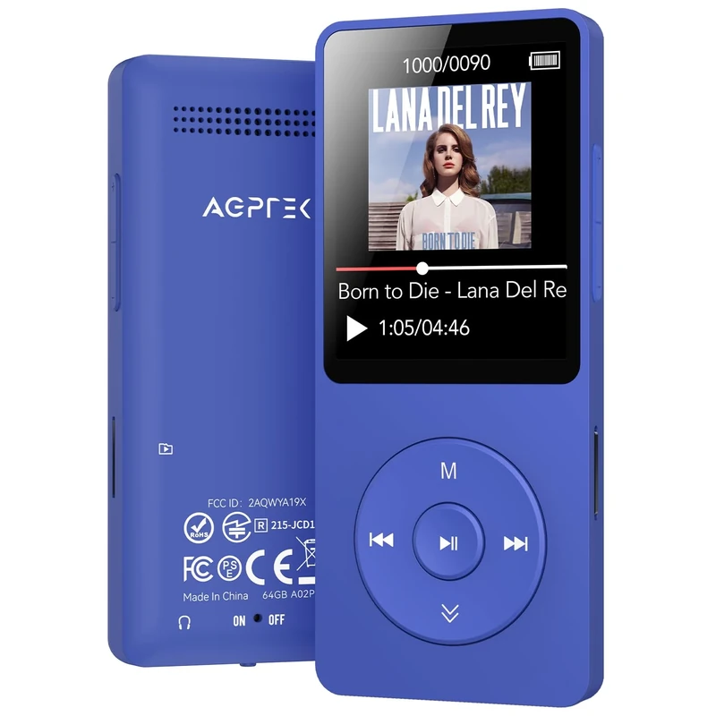 AGPTEK A02 MP3 Player - 64GB, Bluetooth 5.3, 1.8" Screen (Blue)