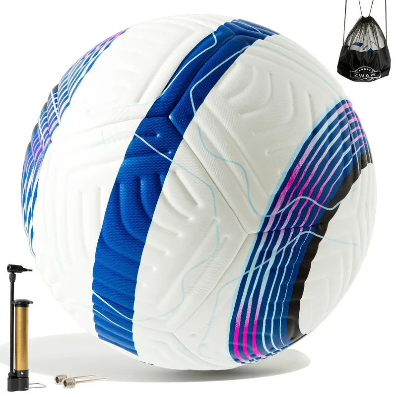 ZWAW Official Match Soccer Ball Size 5 – Waterproof PU Leather, Includes Pump & Needles, Mesh Storage Bag for Easy Carry