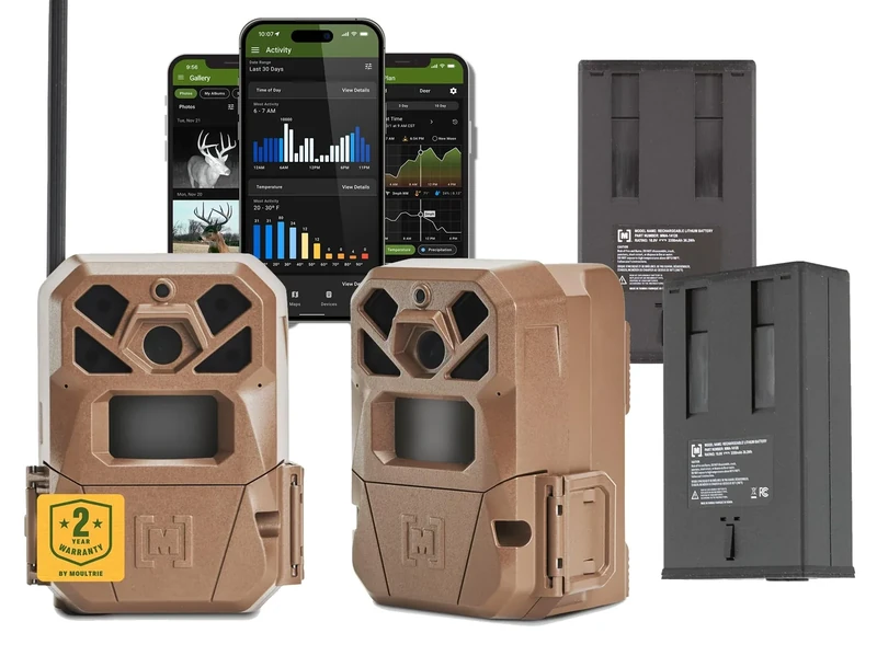 Moultrie Edge 2 Cellular Trail Camera (2-Pack) and Rechargeable Battery (2-Pack - Auto Connect Nationwide 4G LTE - On Demand 36MP Photo - 1080P Video with HD Audio - 100 Ft Detection Range