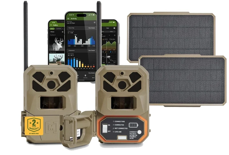 Moultrie Edge 2 Pro Cellular Trail Camera (2-Pack) and Solar Panel Power Pack 3.4W (2-Pack) - Auto Connect Nationwide 4G LTE - On Demand 40MP Photo - 1440P Video with HD Audio AI