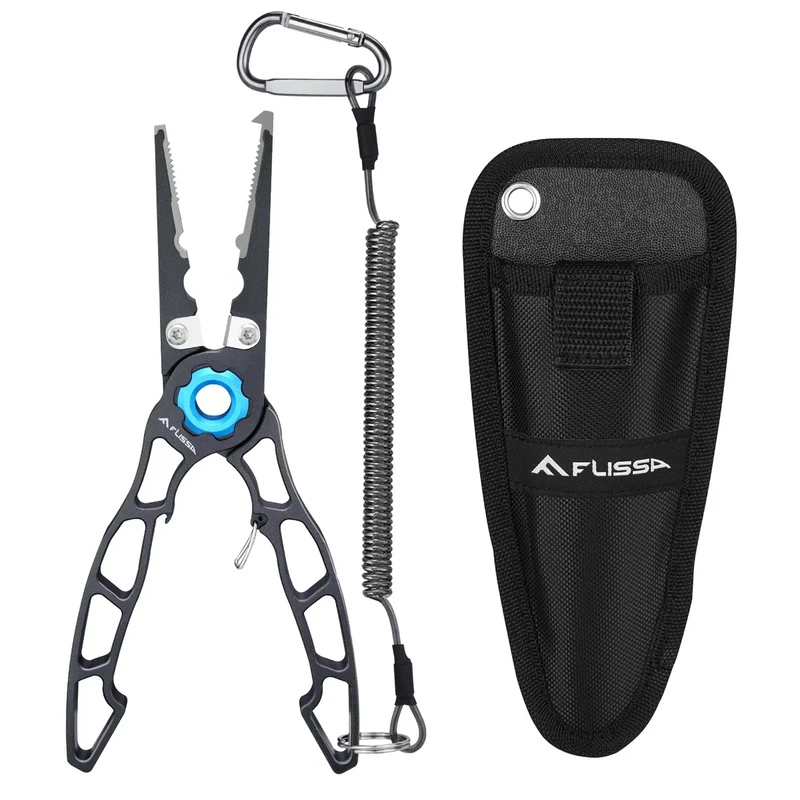 FLISSA 7.5 Inch Lightweight Fishing Pliers, Titanium 6Al-4V Jaw and Tungsten Carbide Line Cutters, Safety Lock Fish Pliers with Aluminum Handle, Sheath & Lanyard, Fishing Gear Gifts for Men