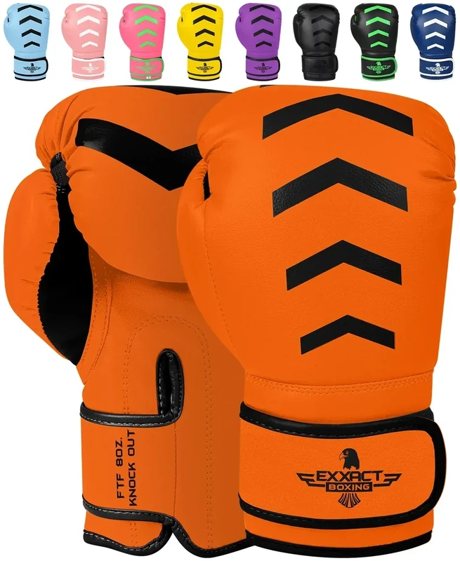 Exxact Sports Knockout Youth Boxing Gloves for Kids (3-15 Years) with Padded Protection and Wrist Support, Durable Engineered Leather Kids Boxing Gloves for Sparring (Orange/Black, 8 OZ)