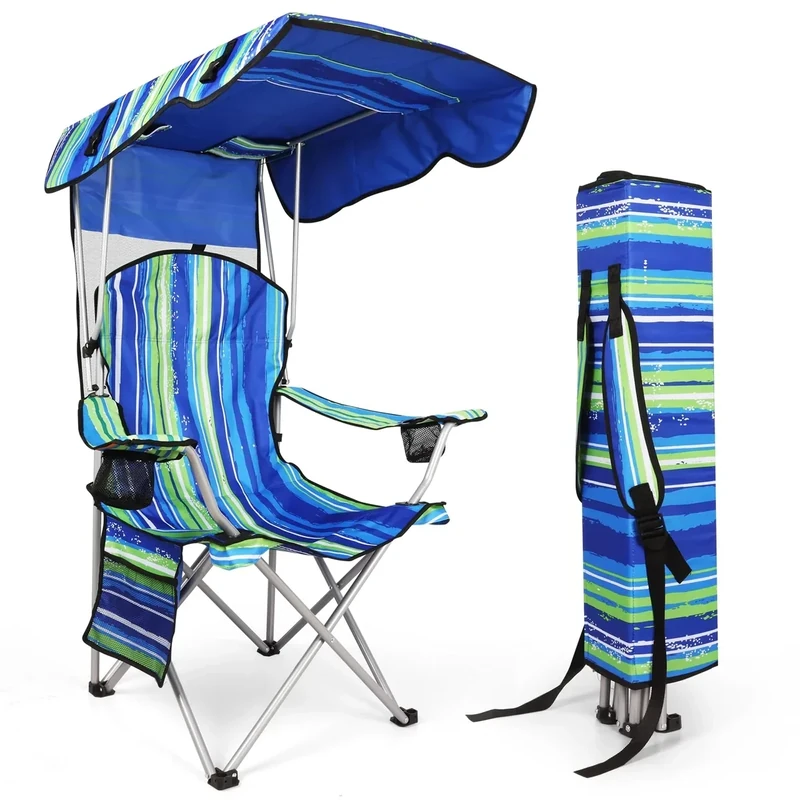 VTOY Portable Camping Chair with Canopy - Folding Chair with Canopy, Durable 600D Oxford Canopy Chair for Camping, Beach, Picnics, Fishing & Sports (1 Pack Stripe Green)