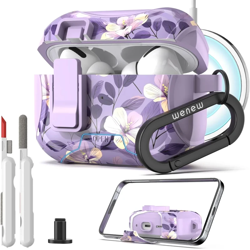 Wenew Case for AirPods Pro & Pro 2 Case Cover with Lock, Phone Stand, Cleaning Tool, Clip, Women Full Body Hard Shell, Compatible with Magsafe, One-Click Pop Open Lock (Purple 2, AirPods Pro & Pro 2)