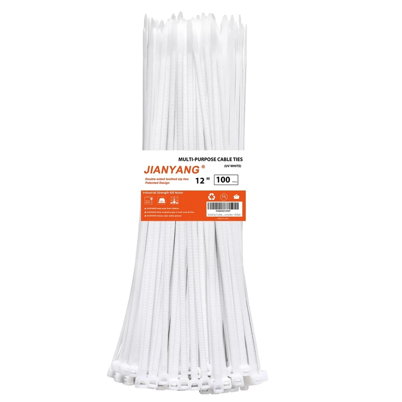 JIANYANG 12" White Zip Ties 100 Pack - 120lb Duty Double-Sided