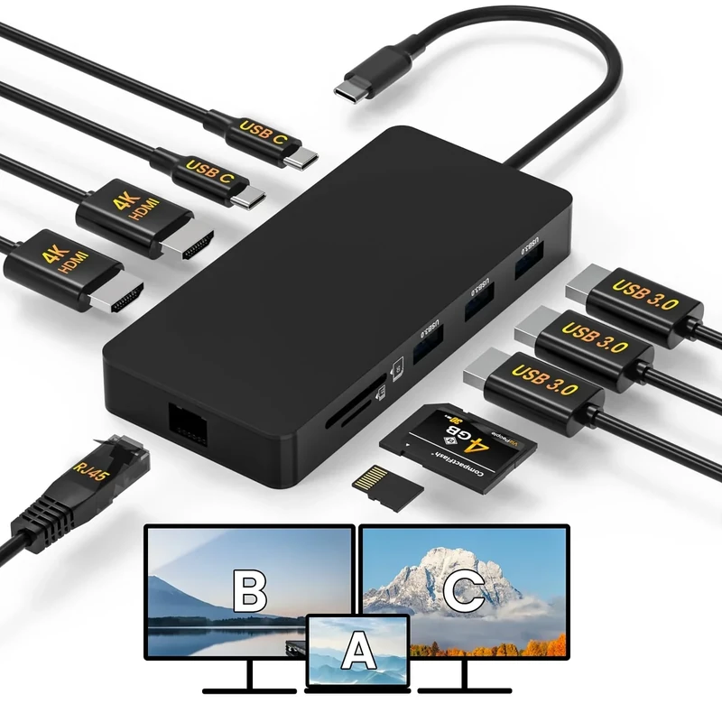 Laptop Docking Station Dual 4K HDTV Monitor, Fophmo USB C to 2 HDTV Splitter Extended Display, 1000Mbps LAN, USB A&C 3.0 Ports(10Gbps), SD/TF Card, 100W PD Charging, MacOS Only Mirrors Same Screen