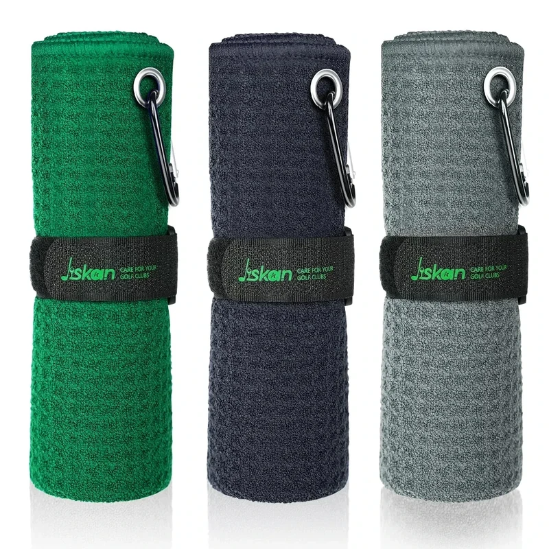 Jiskan Golf Towel Pack of 3 (16" X 16") Waffle Pattern Golf Towels for Golf Bags with Club Range Card, Hook Clip and Gift Box, Essentials Golf Accessories for Men and Women
