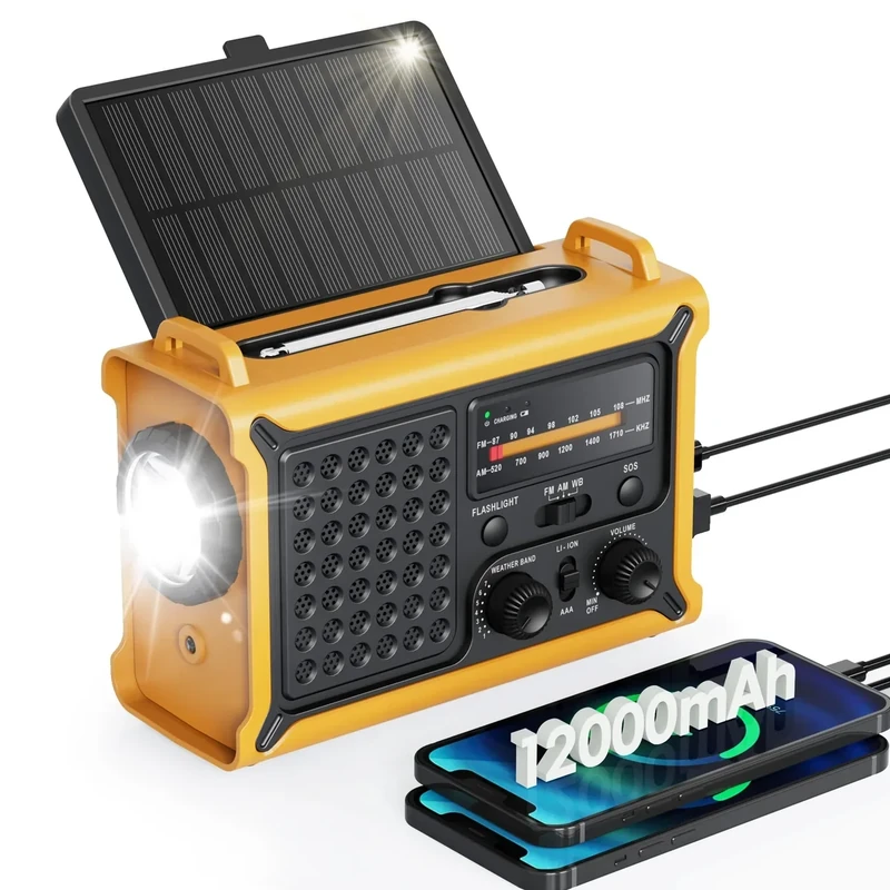 Emergency Weather Radio with Large Solar Panel, Efficient Hand Crank & Real 12000mAh Battery | AM/FM/NOAA Bands, LED Flashlight, Reading Lamp, SOS Alarm & Phone Charger for Camping, Blackout, Survival