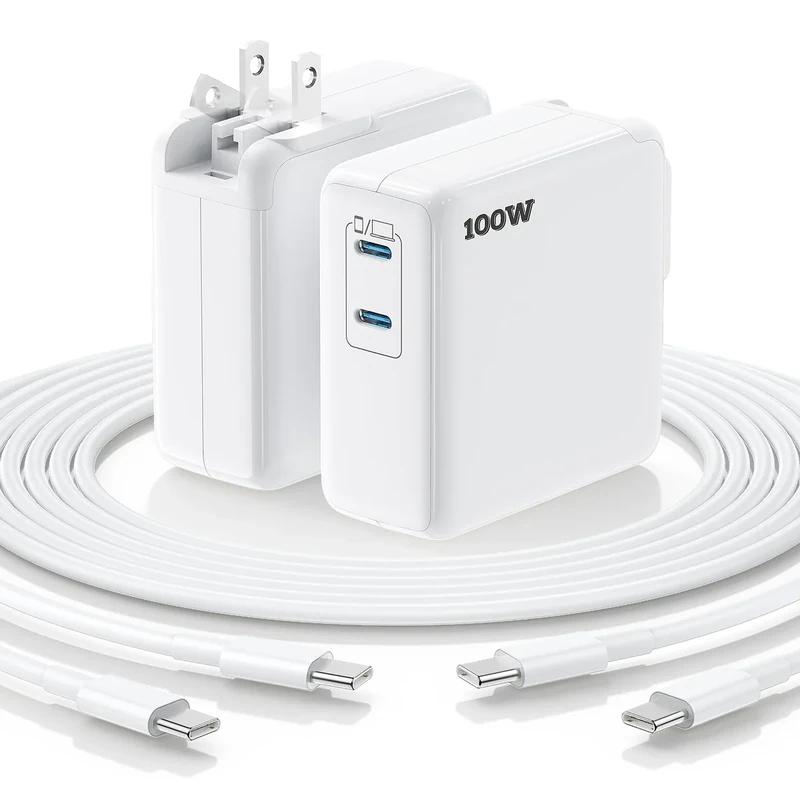 Essri MacBook Pro Charger,100W USB C Charger 2Pack with Foldable Plug,Dual 65W Ports Fast Charging for MacBook Pro Air,iPad Pro,iPhone 17/16/15,Includes 6FT+10FT USB C to C Cables - White