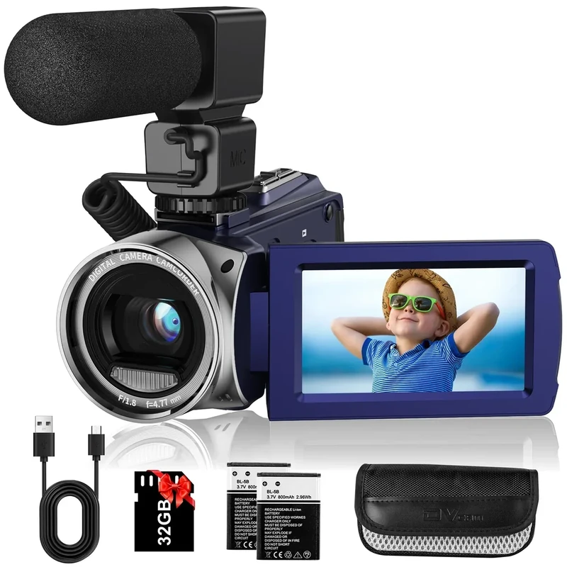 Rawiemy Video Camera Camcorder FHD 1080P 36MP YouTube Vlogging Camera Recorder 3.0 Inch 270 Degree Rotation Screen 18X Digital Zoom Camcorders with Microphone,32GB SD Card and 2 Batteries(Blue)