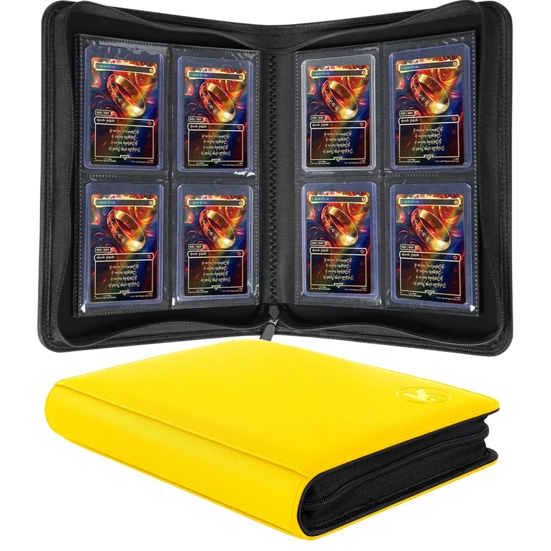 KUOOKING Top loader Binder, Holds 128+ Toploaders, 4 Pocket Top Loader Card Storage Case, Double-Sided Pockets for trading card in 3 x 4'' Toploaders (Yellow)