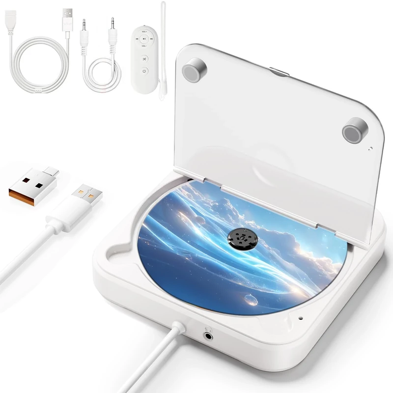 Portable CD Player for Car with USB & AUX – Universal External CD Drive with Anti-Skip, USB Extension Cable, Plug & Play for Vehicle, Laptop, TV – Compatible with Android 4.4+