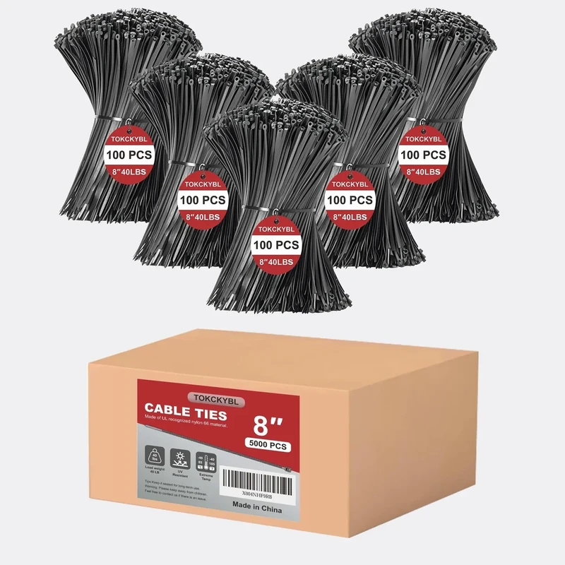 TOKCKYBL 8 Inch Zip Ties (5000 Pack) – Heavy Duty 40lbs Tensile Strength, UV Resistant Black Cable Ties for Indoor & Outdoor Use, Durable Nylon Wire Ties for Organizing Cables, Garden, Garage and More