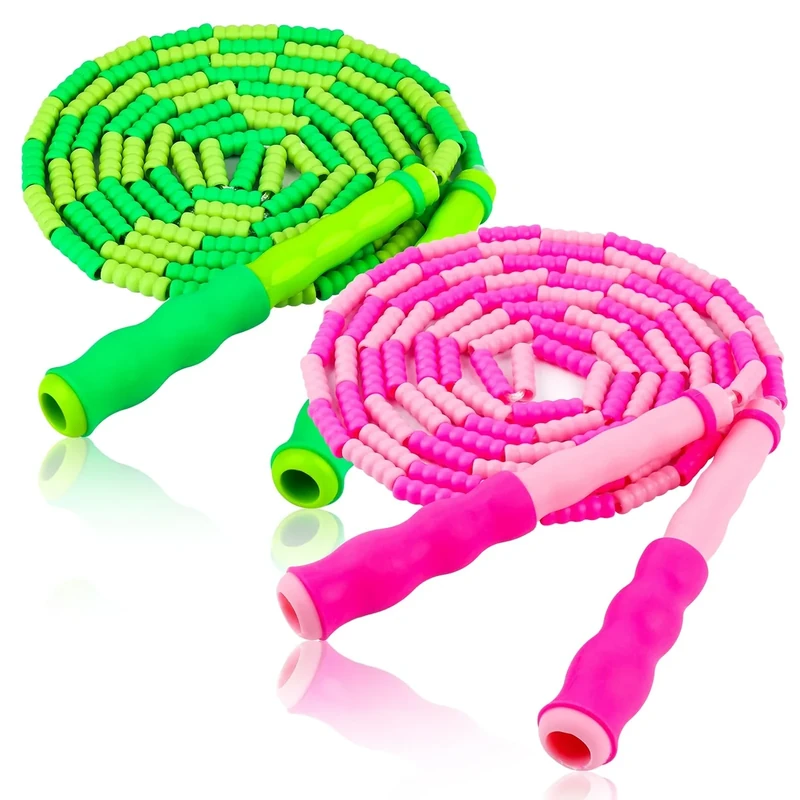Jump Rope for Kids, Adjustable Jump Ropes for 4 5 6 7 8 10 12, Tangle Free Jumping Rope Age 8-12, Segmented Soft Beaded Skipping Rope for Women Fitness (Green and Pink)