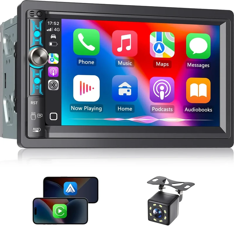 Kissound 7" Double Din - CarPlay & Android Auto, 240W, Sub Out