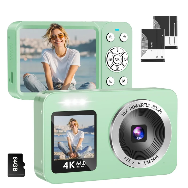 WABL Digital Camera, 4K 64MP UHD Dual Screens Camera, 18X Zoom, Portable Small Point and Shoot Digital Cameras with 64GB TF Card, 2 Rechargeable Batteries for Kids, Teens, Adult, Selfies, Gifts- Green