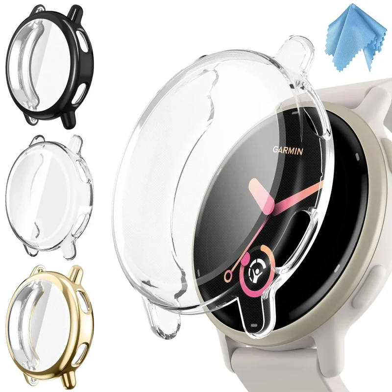 Fintie 3 Packs Screen Protector Case Compatible with Garmin Vivoactive 5, Soft TPU Plated Bumper Full Cover Protective Cases Scratch-Proof, Black/Gold/Clear