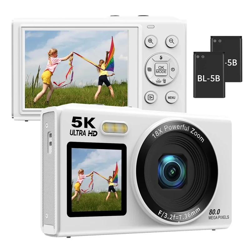 4K 48MP Digital Camera with Fill Light & 16X Zoom - Dual Screen Vlogging Camera for YouTube/Blogging, WiFi, 32GB TF Card, 2 Batteries, 2.8" LCD, Camera Strap（4K & 48 MP-White）