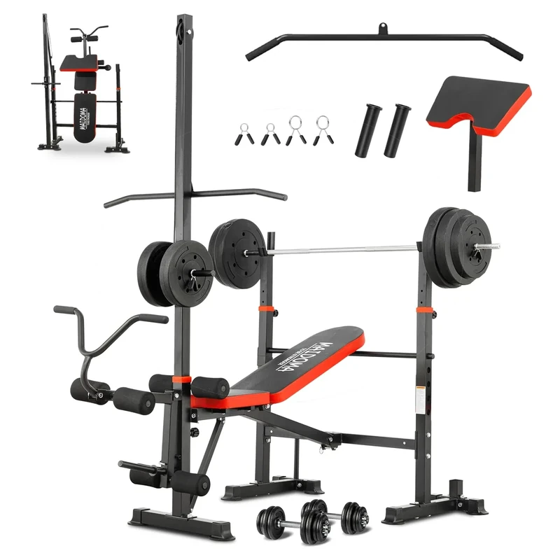 MAIDOMA 1500LB 8 IN 1 Weight Bench with Lat Pulldown and Leg Extension/Curl, Foldable Bench Press with Preacher Curl & Squat Rack, Workout Benches with Safety Bar Catches for Home Gym(US Stock)