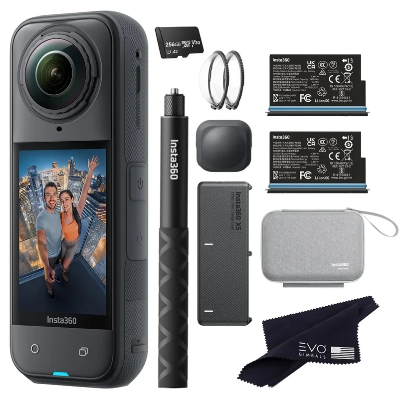 Insta360 X5 Essentials Bundle-8K Waterproof 360 Action Camera|Bundle Includes Selfie Stick, Extra Battery, Utility Fast Charge Case, Standard Lens Guards, Lens Cap, Carry Case(256GB)