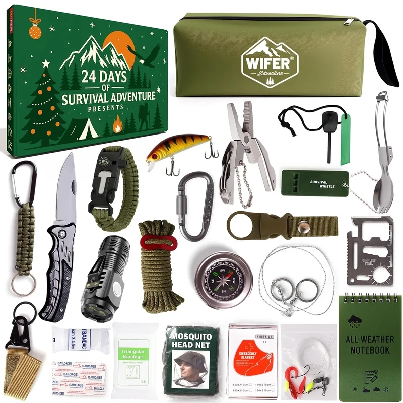 WiFER Survival Kit Advent Calendar 2025 for Men – 24 Days Christmas Countdown Survival Tools for Adult Teen, Xmas Holiday Surprise Gifts for Outdoor Enthusiasts, Camping, Fishing, Hunting, Hiking