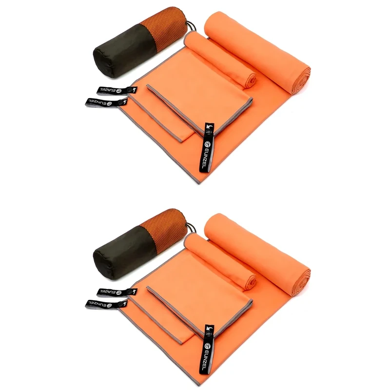 Eunzel 2 Pack Quick Dry Camping Towel, Microfiber Travel Towel 3 Size at 1 Pack,Fast Drying Towel Set for Camping, Beach, Gym, Sports, Yoga & Swimming Pool, Orange
