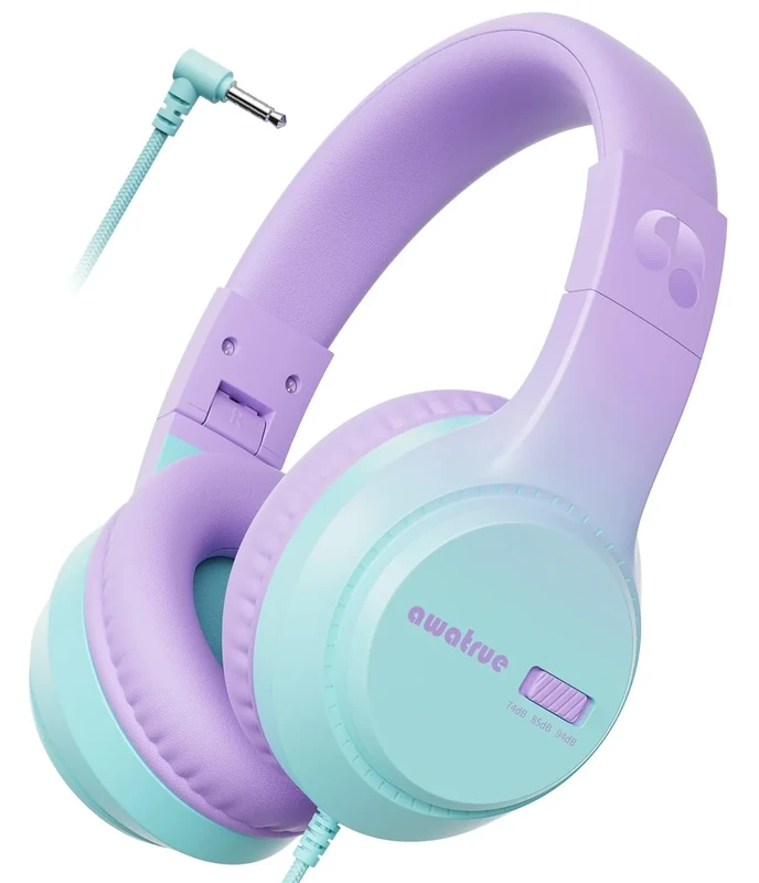 awatrue Kids Headphones - 74/85/94dB Volume Limit, Wired, Purple