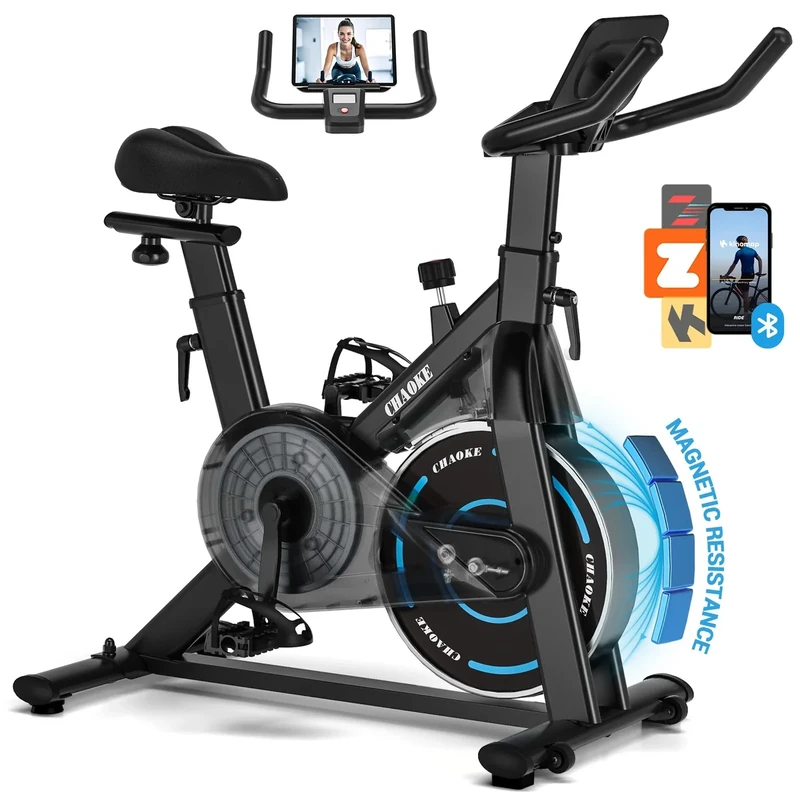 Exercise Bike, CHAOKE Quiet Adjustable Magnetic Resistance Stationary Bike for Home Cardio with App Compatible, 300LB Weight Capacity Indoor Cycling Bike with Comfortable Seat & Digital Display