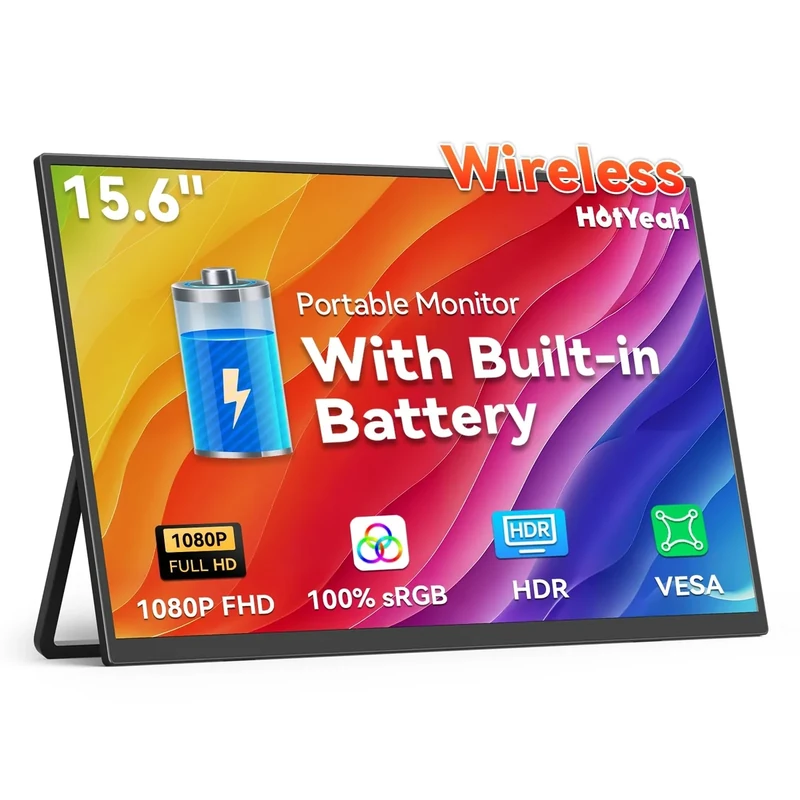 Wireless Portable Monitor Battery-Powered, Support AirPlay Miracast, 15.6" 1080P IPS Monitor USB-C HDMI External Display, 2nd Screen for Laptop MacBook PC Phone Tablet, w/Built-in Battery(4- 5H)