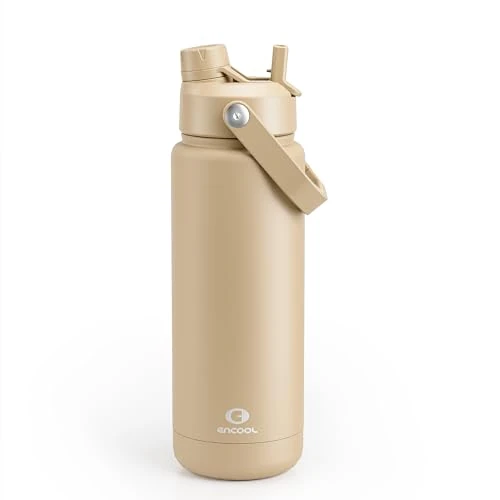 ENCOOL Insulated Water Bottle with Straw Stainless Steel Water Bottle, Leak-Proof, BPA-Free, Double Wall Vacuum Keeps Cold for 24 Hours for Sports, Travel, School (32 oz, Indian Khaki)